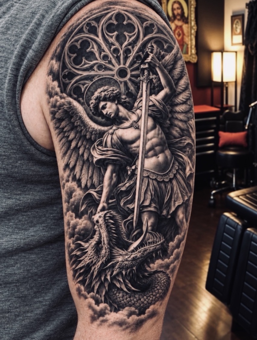 Black-and-gray upper-arm tattoo of a winged archangel with a sword above a dragon, framed by clouds and a Gothic rose window
