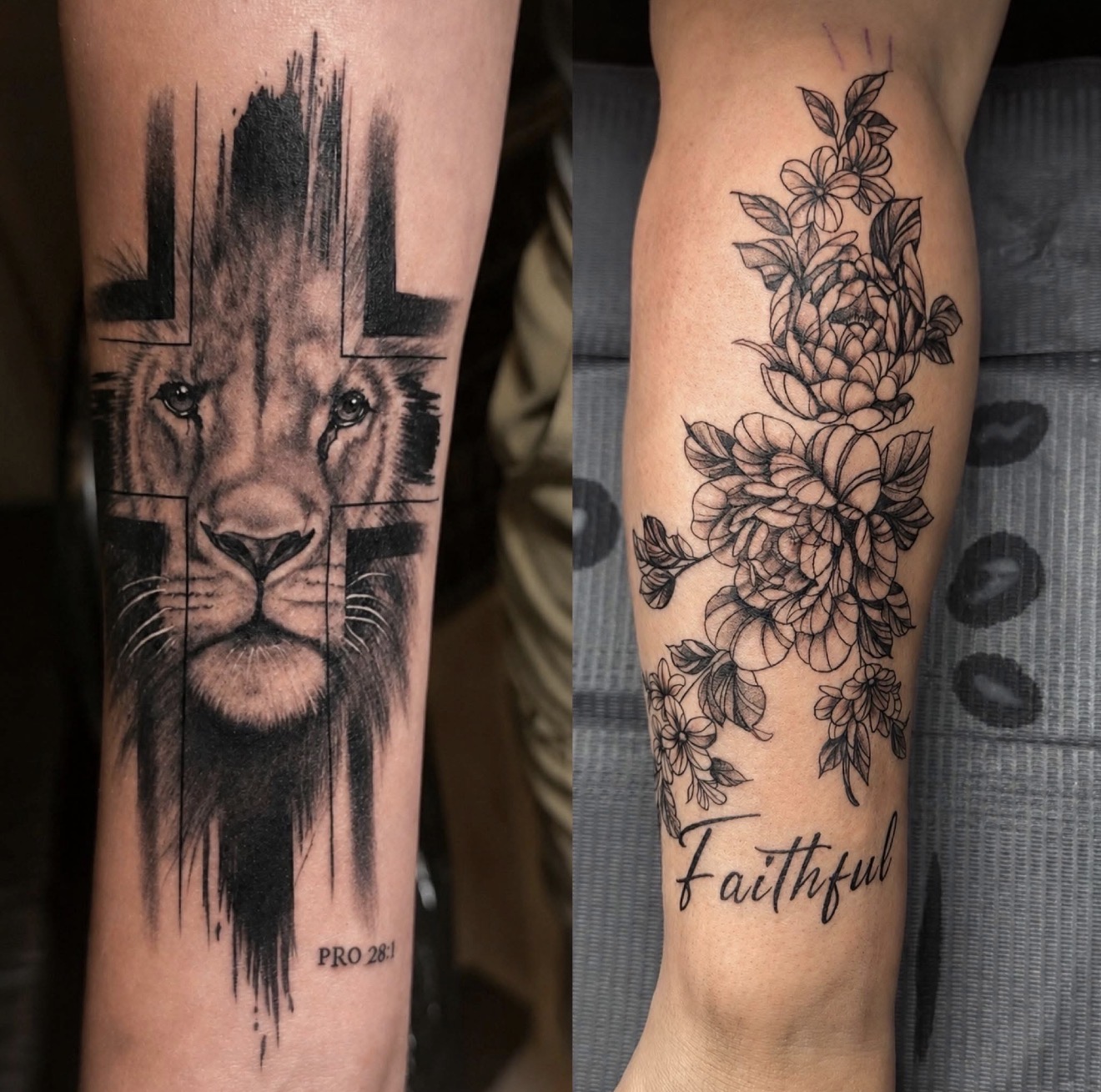 Side-by-side tattoos by Joseph Rojas: a lion portrait within a cross, and a floral forearm piece with the word Faithful